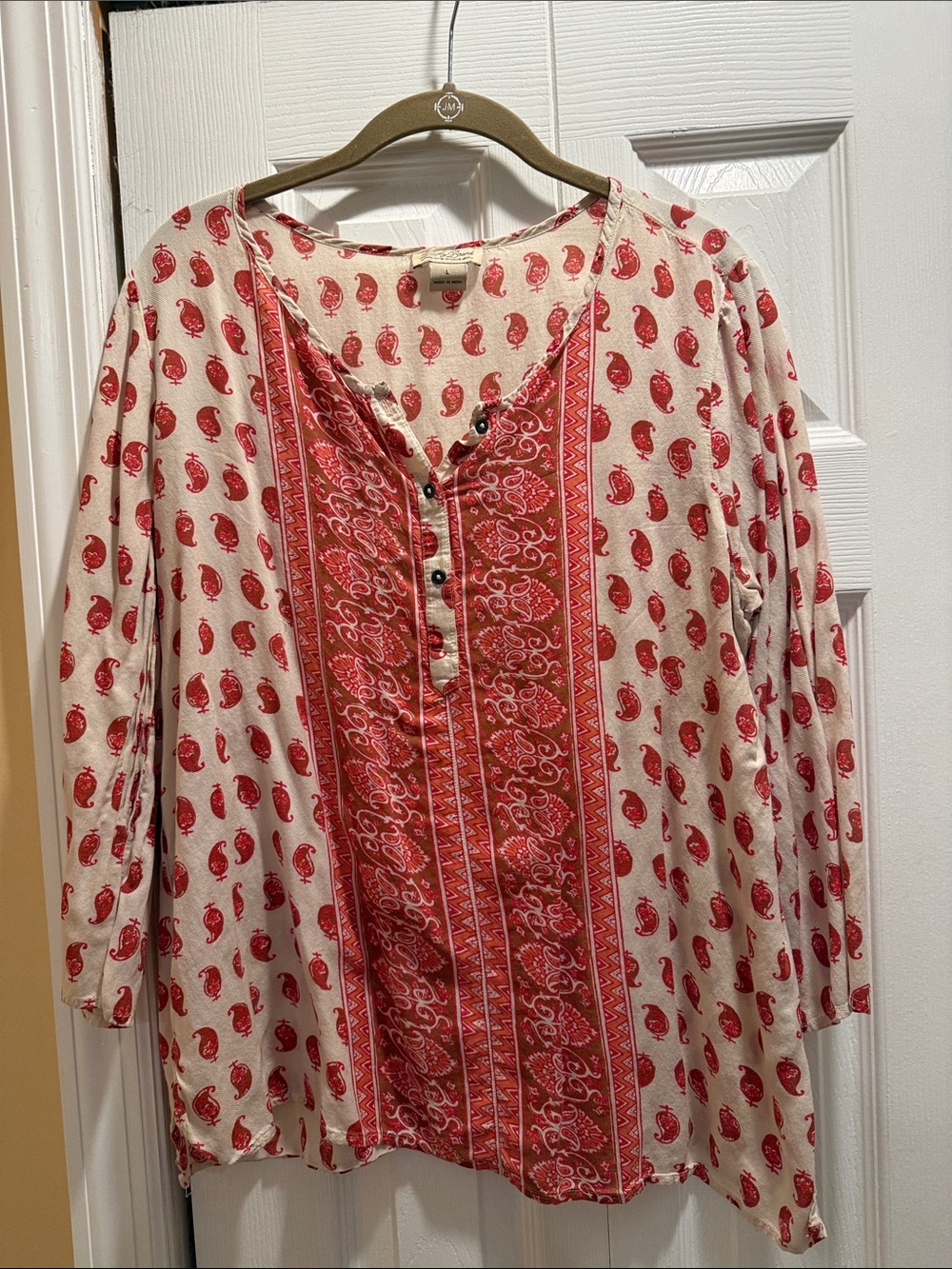 Lucky Brand Cream and Red Paisley Button-Front Peasant Top